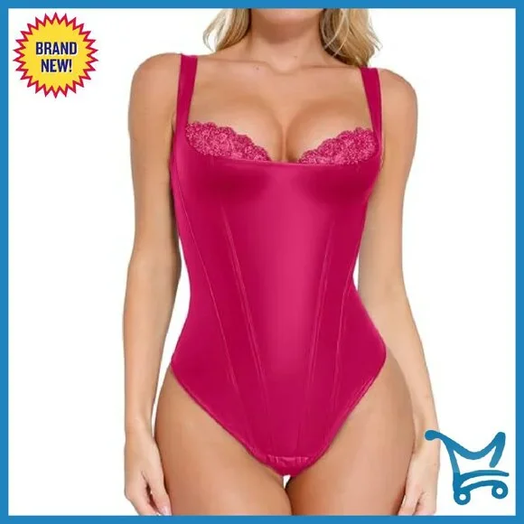 Faux Leather Shapewear Bodysuit Tummy Control Corset Top Lace Underwire